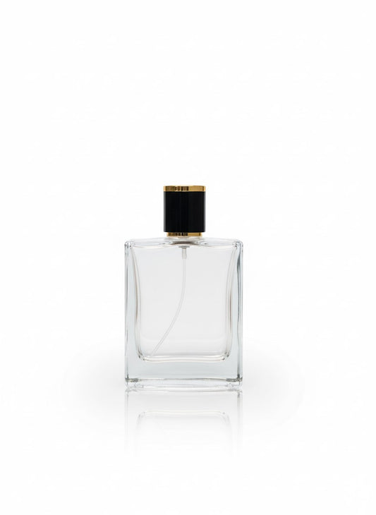 Square Elegance 30 ml clear glass perfume bottle with golden crimp sprayer and cap