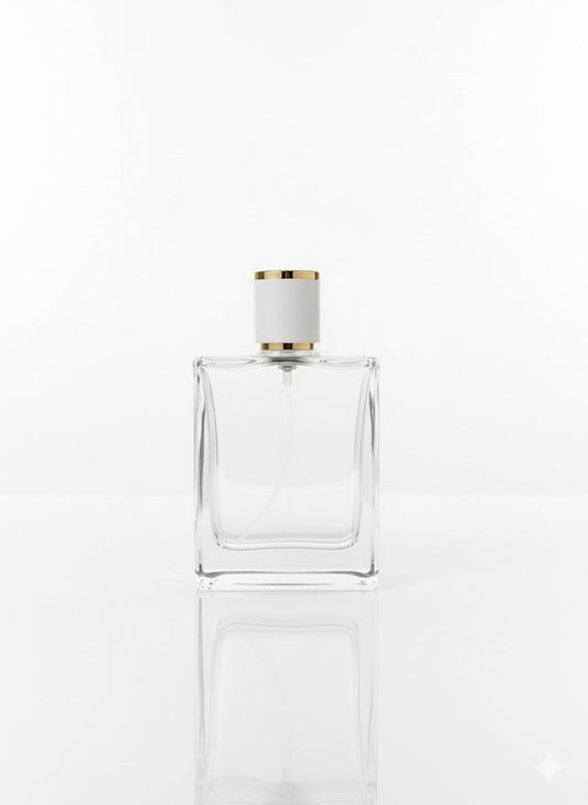 زجاجة عطر Square Elegance سعة 100 مل من الزجاج الشفاف برأس بخاخ ذهبي وغطاء
