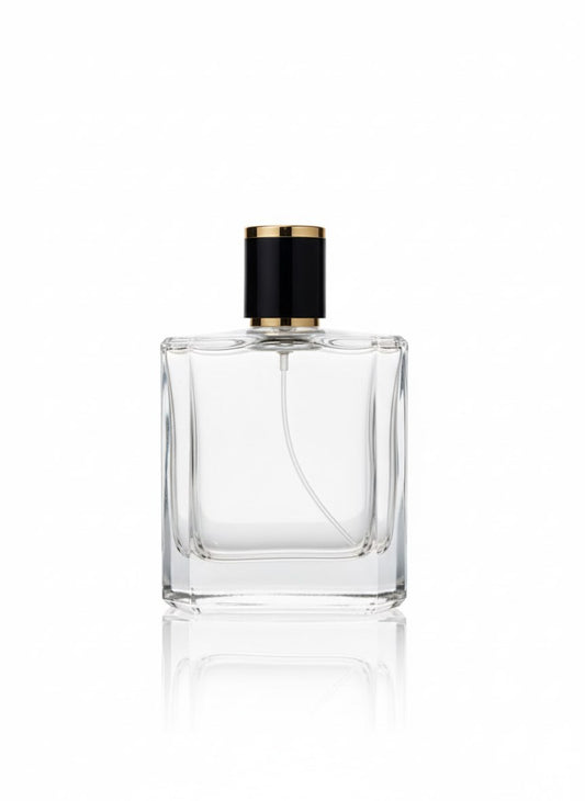 Square Grace 30 ml clear glass perfume bottle with golden crimp sprayer and cap
