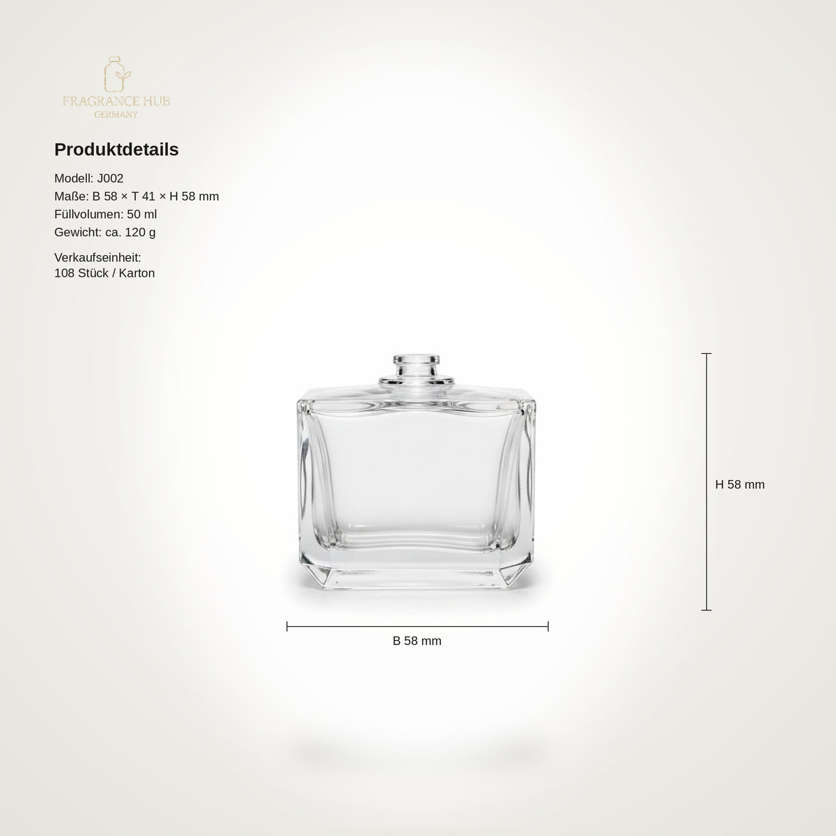 Square Charm 50 ml – Crimp-Flakon FEA 15 (nur Flasche) – leerer Parfumflakon aus Glas – Ansicht 3 | Fragrance Hub Germany