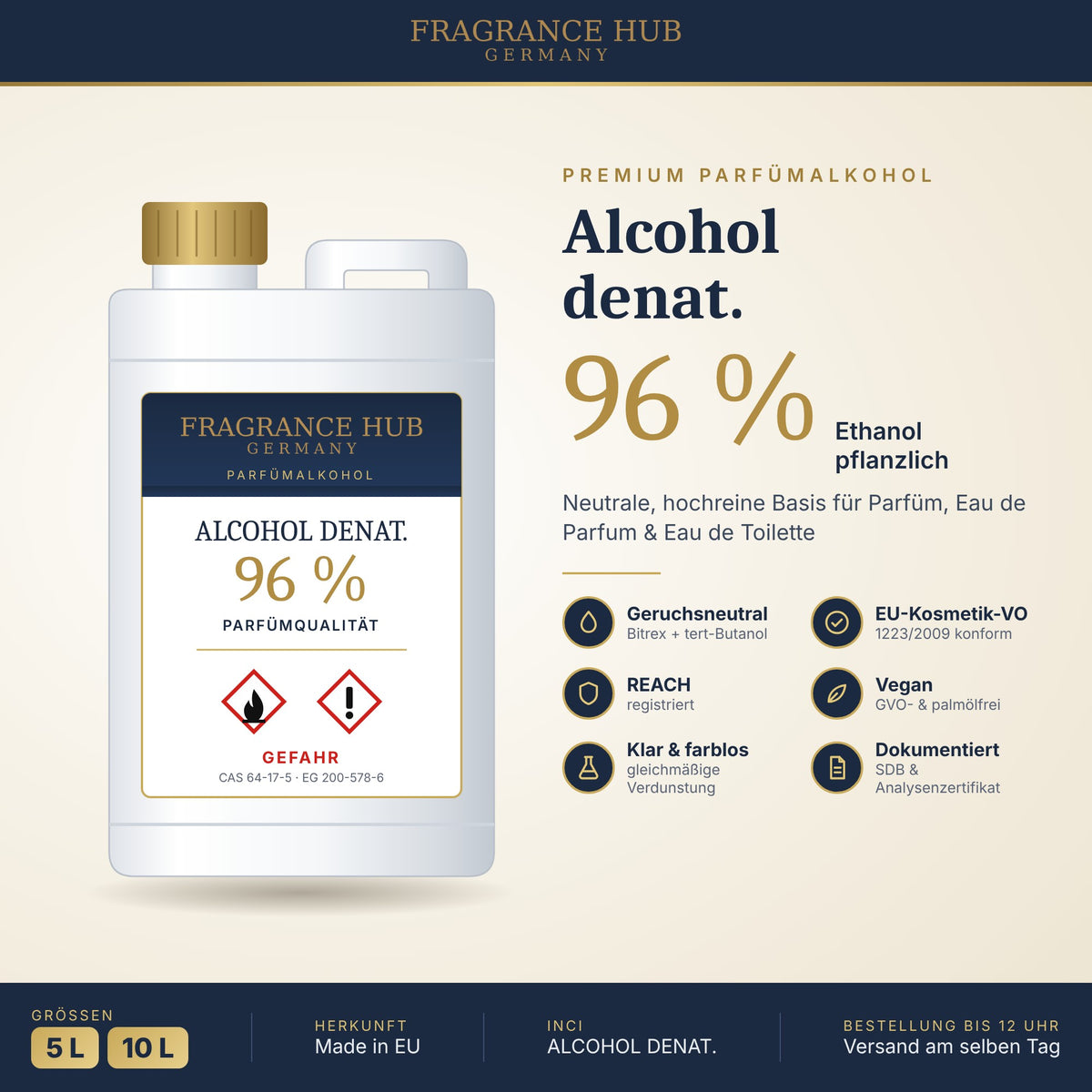 Alcohol denat. 96 % Parfümqualität 5 L und 10 L – Fragrance Hub Germany