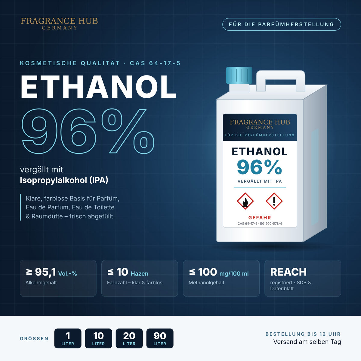 Ethanol 96 % vergällt mit IPA – kosmetische Qualität, für die Parfümherstellung, 1 L bis 90 L
