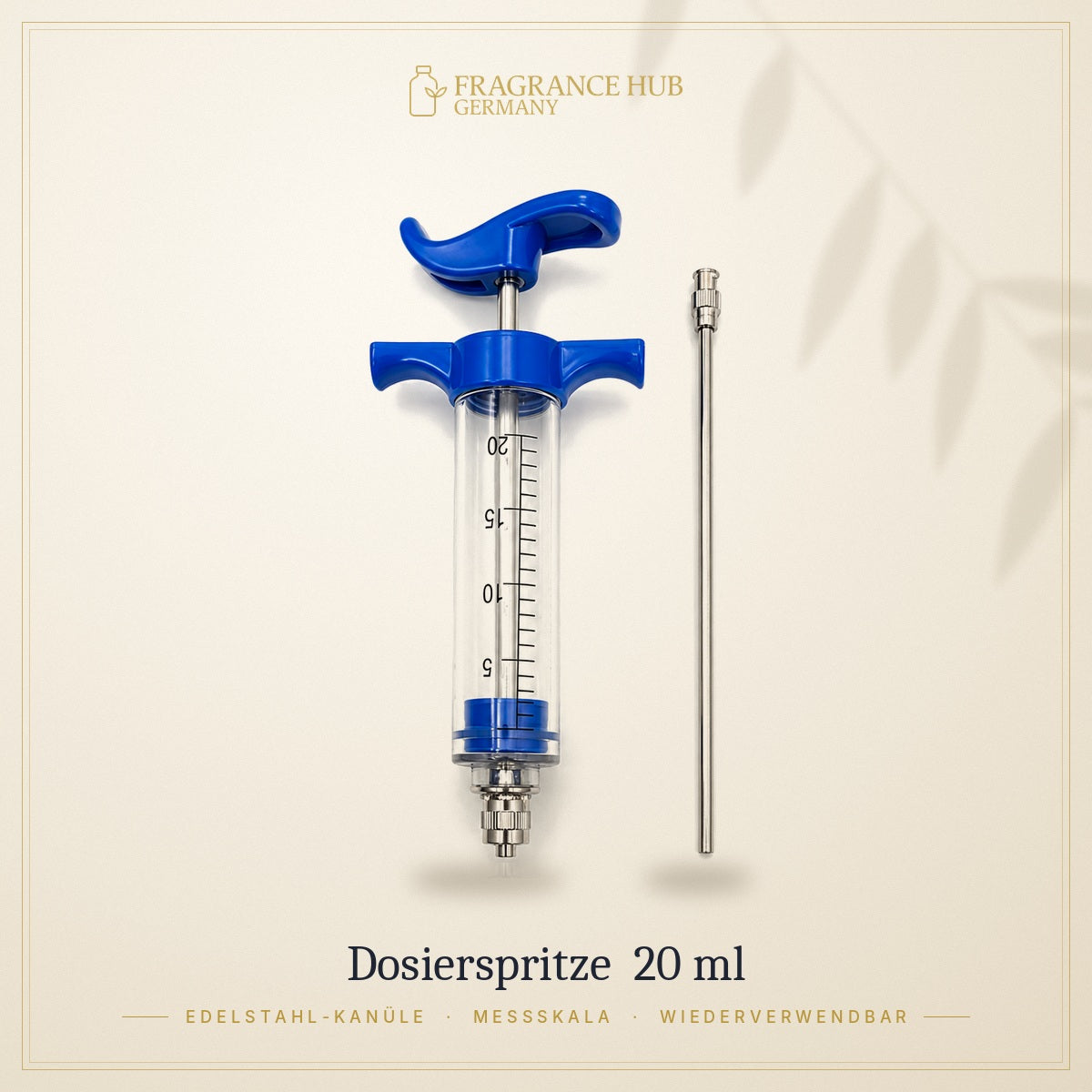 Dosierspritze 20 ml Blau mit Edelstahl-Kanüle – Fragrance Hub Germany