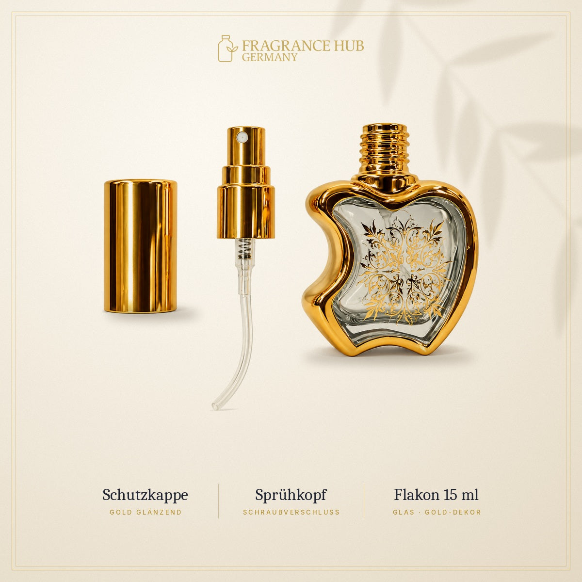 Golden Pomme 15 ml – Schutzkappe, Schraub-Sprühkopf und Flakon