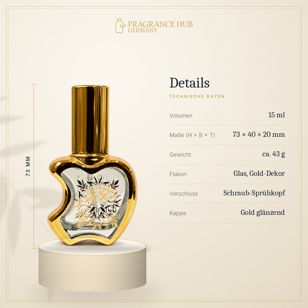 Golden Pomme 15 ml – Technische Daten 73 × 40 × 20 mm, 43 g