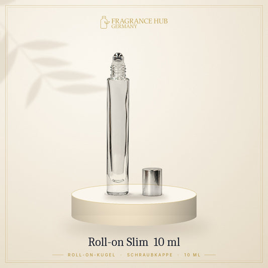 Roll-on-Flakon Slim 10 ml geöffnet mit Edelstahlkugel und Silberkappe