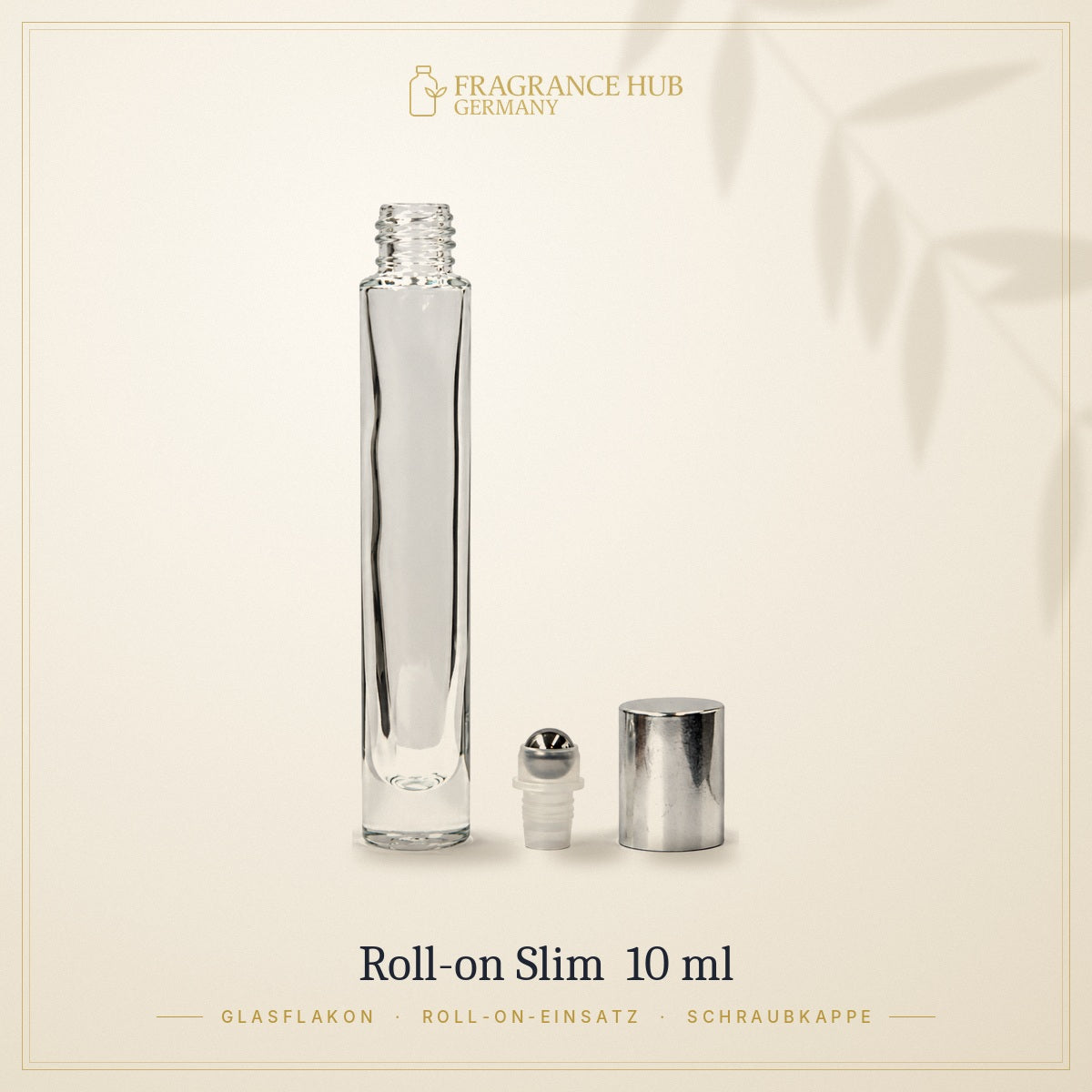 Roll-on-Flakon Slim 10 ml – Glasflakon, Roll-on-Einsatz und Schraubkappe