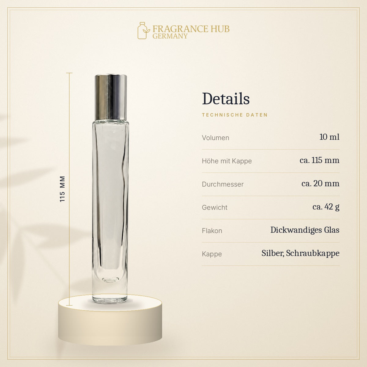Roll-on-Flakon Slim 10 ml – Technische Daten: 115 mm, Ø 20 mm, 42 g