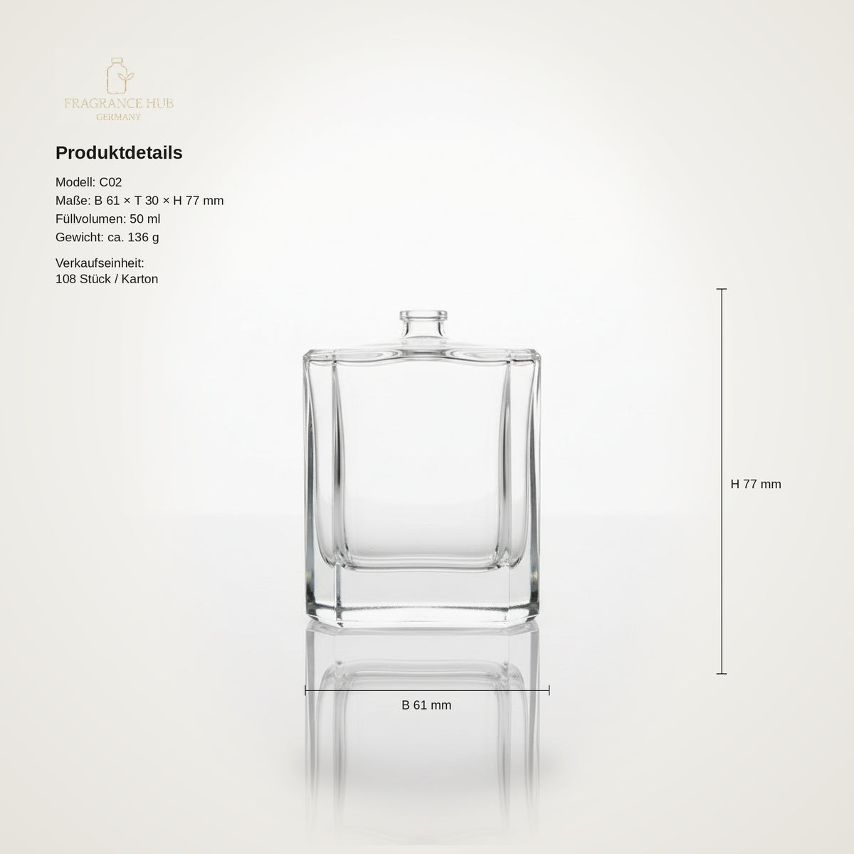 Square Grace 50 ml Glasflakon ohne Sprühkopf – Ansicht 2